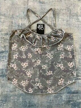 Chaser Antique Green Tropical Floral Print Ruffle Tank Top Medium